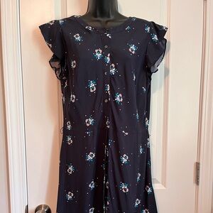 NWT Loft Dress Size 10 Womens Navy Floral Print Button Front Flutter Sleeve